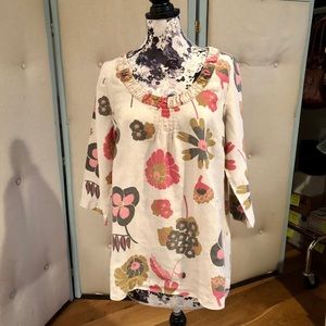 Boden Linen Tan Floral Print Side Zip Tunic Top